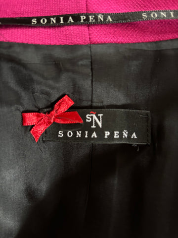 SPANISH DESIGNER SONIA PENA CERISE PINK & BLACK SHEATH DRESS & JACKET SUIT SIZE 50 UK 22