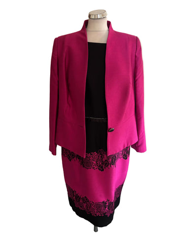 SPANISH DESIGNER SONIA PENA CERISE PINK & BLACK SHEATH DRESS & JACKET SUIT SIZE 50 UK 22