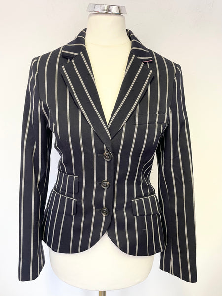 JACK WILLS NAVY BLUE & WHITE STRIPE WOOL BLEND FITTED JACKET SIZE 8