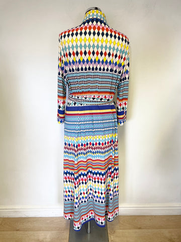 K DESIGN MULTI COLOUR COLLARED BUTTON FASTEN 3/4 SLEEVE BELTED MIDI DRESS SIZE XL