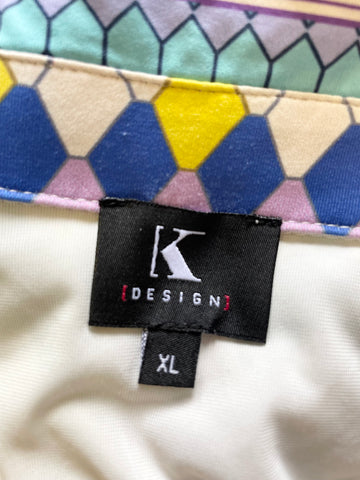 K DESIGN MULTI COLOUR COLLARED BUTTON FASTEN 3/4 SLEEVE BELTED MIDI DRESS SIZE XL