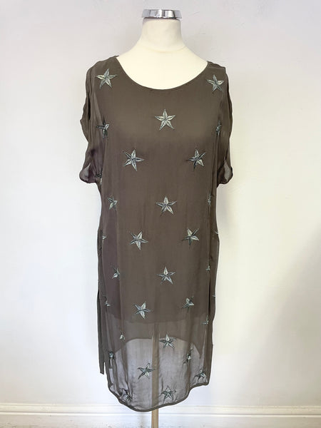 MINT VELVET KHAKI STAR EMBROIDERED SHEER OVERLAY TUNIC TOP SIZE 12