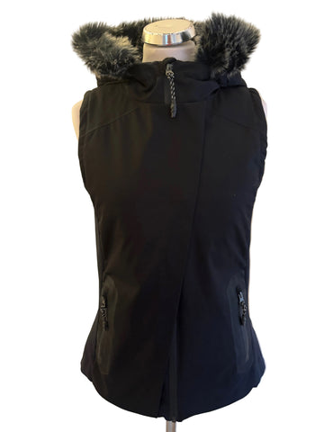 SWEATY BETTY BLACK FUR TRIM DOWN FILLED HOODED BODY WARMER/ GILET SIZE S