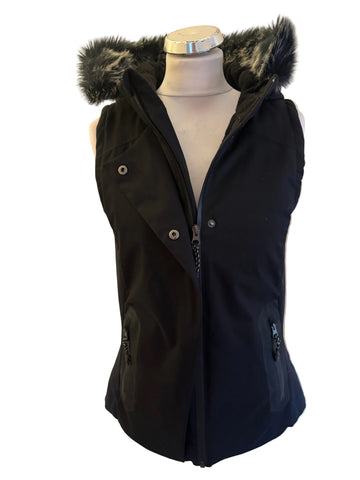 SWEATY BETTY BLACK FUR TRIM DOWN FILLED HOODED BODY WARMER/ GILET SIZE S