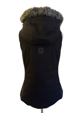 SWEATY BETTY BLACK FUR TRIM DOWN FILLED HOODED BODY WARMER/ GILET SIZE S