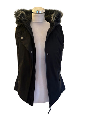 SWEATY BETTY BLACK FUR TRIM DOWN FILLED HOODED BODY WARMER/ GILET SIZE S