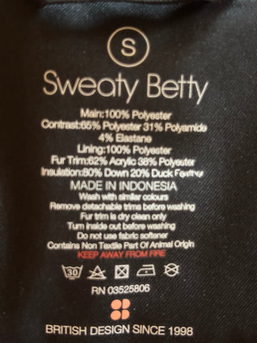 SWEATY BETTY BLACK FUR TRIM DOWN FILLED HOODED BODY WARMER/ GILET SIZE S