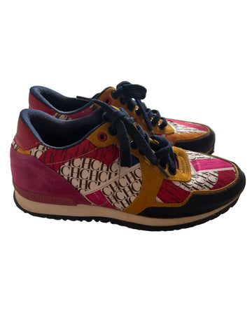 CAROLINA HERRERA MONOGRAM LOGO MULTI COLOURED CLOTH & LEATHER TRAINERS SIZE 4/37