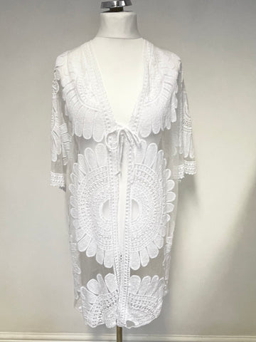 UNBRANDED WHITE EMBROIDERED & LACE TRIM TIE FRONT COVER UP SIZE L