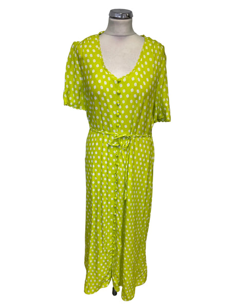 MARKS & SPENCER LIME & WHITE SPOT PRINT FIT & FLARE MIDI DRESS SIZE 14