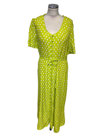 MARKS & SPENCER LIME & WHITE SPOT PRINT FIT & FLARE MIDI DRESS SIZE 14