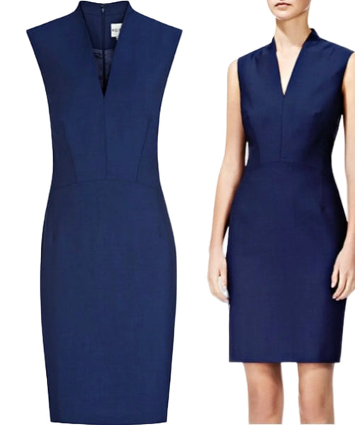 REISS MAGDA WOOL MIX NAVY BLUE SLEEVELESS PENCIL DRESS SIZE 12