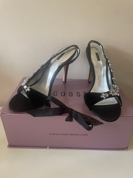 BRAND NEW COAST BLACK VELVET DIAMANTE TRIM SLINGBACK HEELS SIZE 5/38