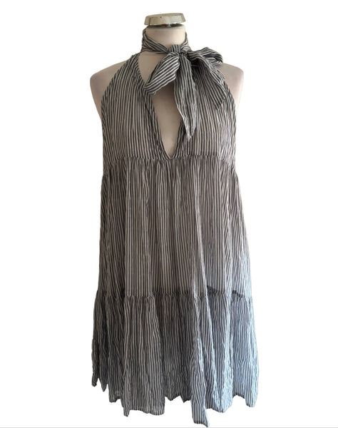 DESIGNER LISA MARIE FERNANDEZ GREY & WHITE STRIPE LIGHTWEIGHT SUMMER BEACH DRESS SIZE 4 UK 12/14