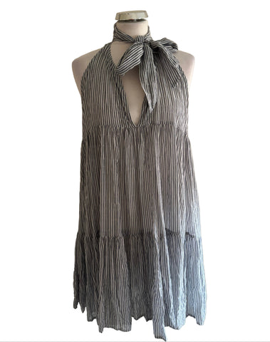 DESIGNER LISA MARIE FERNANDEZ GREY & WHITE STRIPE LIGHTWEIGHT SUMMER BEACH DRESS SIZE 4 UK 12/14