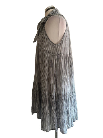 DESIGNER LISA MARIE FERNANDEZ GREY & WHITE STRIPE LIGHTWEIGHT SUMMER BEACH DRESS SIZE 4 UK 12/14