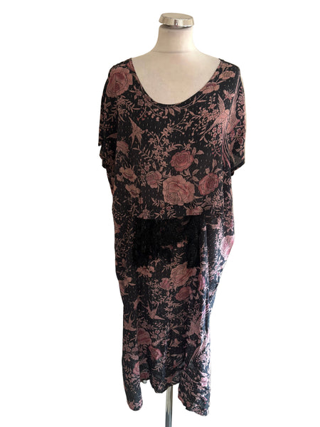 BY WALDER 100% SILK CHARCOAL GREY & PINK FLORAL WITH BIRD PRINT SPECIAL OCCASION DRESS  SIZE XL