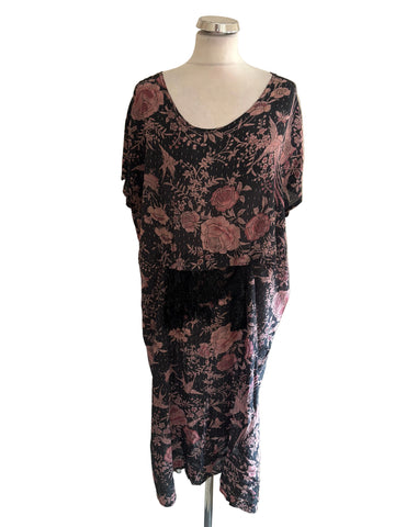 BY WALDER 100% SILK CHARCOAL GREY & PINK FLORAL WITH BIRD PRINT SPECIAL OCCASION DRESS  SIZE XL