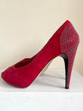 MODA IN PELLE RED SUEDE PEEP TOE RHINESTONE HEELS SIZE 4/37