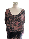 BY WALDER 100% SILK CHARCOAL GREY & PINK FLORAL WITH BIRD PRINT SPECIAL OCCASION DRESS  SIZE XL