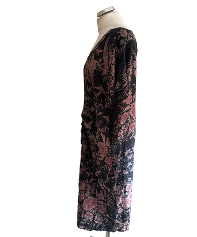 BY WALDER 100% SILK CHARCOAL GREY & PINK FLORAL WITH BIRD PRINT SPECIAL OCCASION DRESS  SIZE XL
