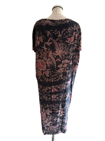 BY WALDER 100% SILK CHARCOAL GREY & PINK FLORAL WITH BIRD PRINT SPECIAL OCCASION DRESS  SIZE XL