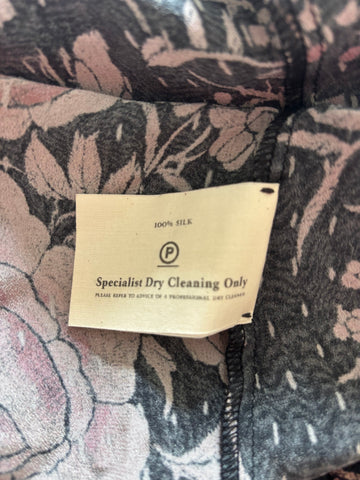 BY WALDER 100% SILK CHARCOAL GREY & PINK FLORAL WITH BIRD PRINT SPECIAL OCCASION DRESS  SIZE XL
