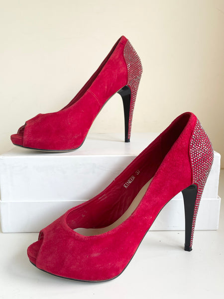 MODA IN PELLE RED SUEDE PEEP TOE RHINESTONE HEELS SIZE 4/37