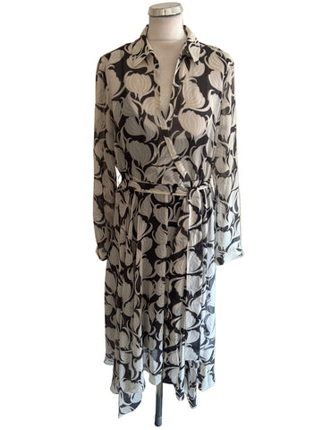 MINT VELVET BROWN & BEIGE PRINT LONG SLEEVED FIT & FLARE DRESS  SIZE 14
