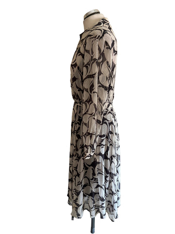 MINT VELVET BROWN & BEIGE PRINT LONG SLEEVED FIT & FLARE DRESS  SIZE 14