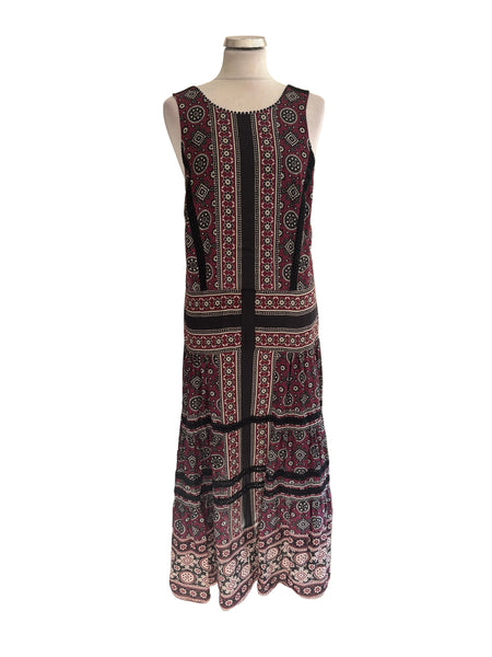 SEA NEW YORK BURGUNDY,BLACK & CREAM PRINT SLEEVELESS SILK MIX MIDI DRESS SIZE 10 UK 14