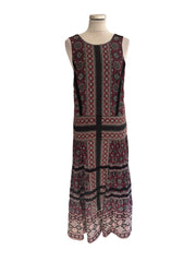 SEA NEW YORK BURGUNDY,BLACK & CREAM PRINT SLEEVELESS SILK MIX MIDI DRESS SIZE 10 UK 14