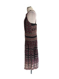 SEA NEW YORK BURGUNDY,BLACK & CREAM PRINT SLEEVELESS SILK MIX MIDI DRESS SIZE 10 UK 14