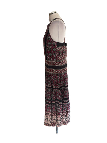 SEA NEW YORK BURGUNDY,BLACK & CREAM PRINT SLEEVELESS SILK MIX MIDI DRESS SIZE 10 UK 14