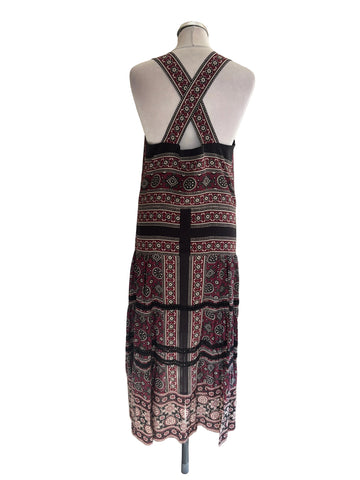 SEA NEW YORK BURGUNDY,BLACK & CREAM PRINT SLEEVELESS SILK MIX MIDI DRESS SIZE 10 UK 14