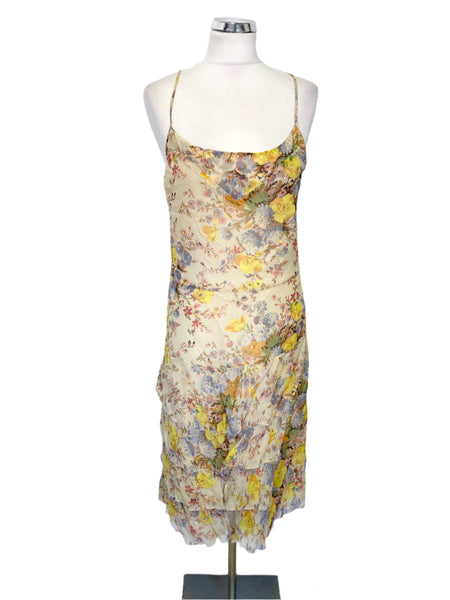 UNBRANDED DESIGNER 100% SILK CREAM FLORAL PRINT FINE STRAP TIERED DRESS SIZE 10