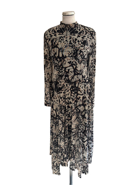 MINT VELVET BLACK & BEIGE PRINT HIGH NECK LONG SLEEVED MIDI DRESS  SIZE 14