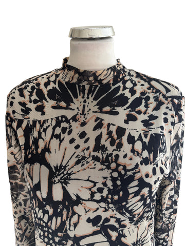 MINT VELVET BLACK & BEIGE PRINT HIGH NECK LONG SLEEVED MIDI DRESS  SIZE 14