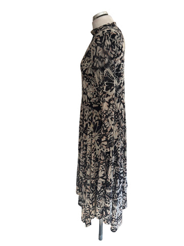 MINT VELVET BLACK & BEIGE PRINT HIGH NECK LONG SLEEVED MIDI DRESS  SIZE 14