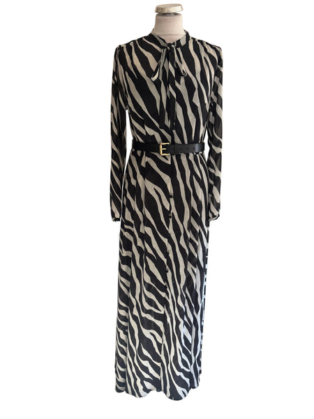 MICHAEL KORS BLACK & GREY LONG SLEEVED BELTED MAXI DRESS SIZE M