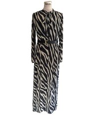 MICHAEL KORS BLACK & GREY LONG SLEEVED BELTED MAXI DRESS SIZE M