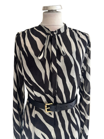 MICHAEL KORS BLACK & GREY LONG SLEEVED BELTED MAXI DRESS SIZE M