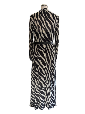 MICHAEL KORS BLACK & GREY LONG SLEEVED BELTED MAXI DRESS SIZE M