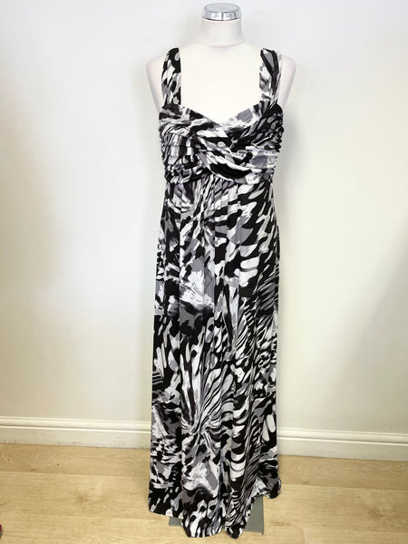 PLANET BLACK, GREY  & WHITE PRINT STRETCH JERSEY SLEEVELESS MAXI DRESS SIZE 12