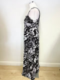 PLANET BLACK, GREY  & WHITE PRINT STRETCH JERSEY SLEEVELESS MAXI DRESS SIZE 12