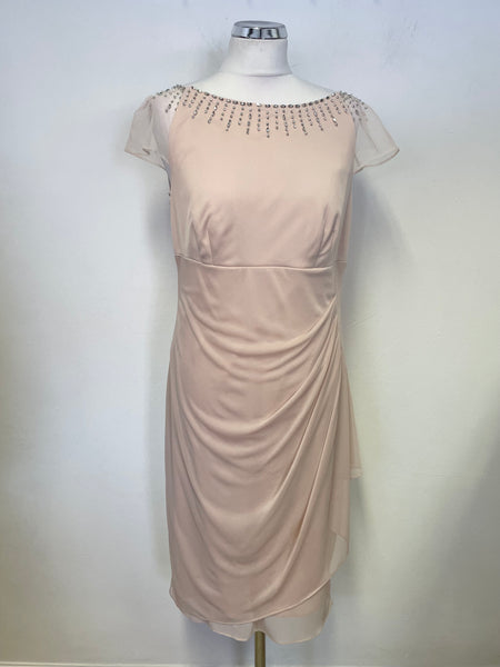 GINA BACCONI NUDE & SILVER BEAD TRIMMED SPECIAL OCCASION PENCIL DRESS SIZE 14