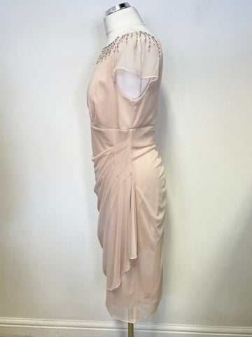 GINA BACCONI NUDE & SILVER BEAD TRIMMED SPECIAL OCCASION PENCIL DRESS SIZE 14
