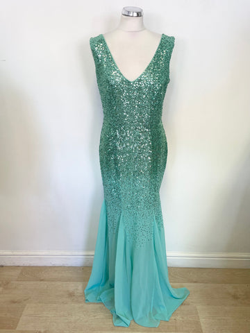 QUIZ GREEN SEQUINNED BODICE FLOATY FISHTAIL SKIRT EVENING/PROM DRESS SIZE 14