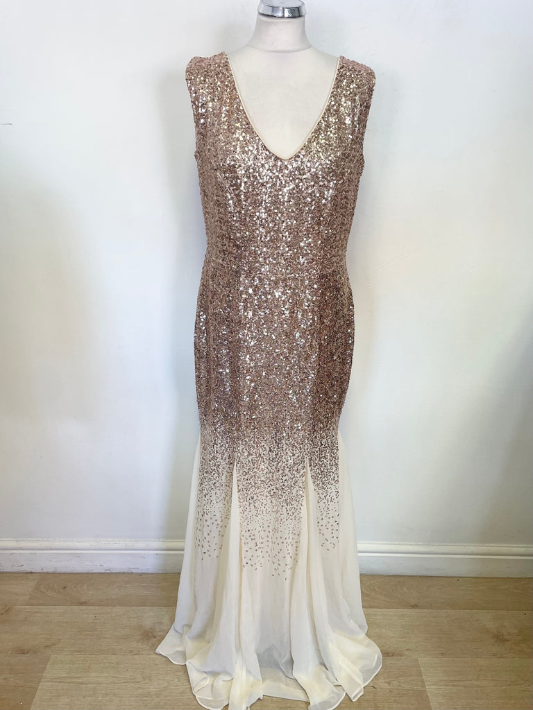 GODDIVA CREAM & GOLD SEQUINNED FLOATY FISHTAIL EVENING/PROM DRESS SIZE Whispers Dress Agency GODDIVA CREAM & GOLD SEQUINNED FLOATY FISHTAIL EVENING/PROM DRESS SIZE Whispers Dress Agency