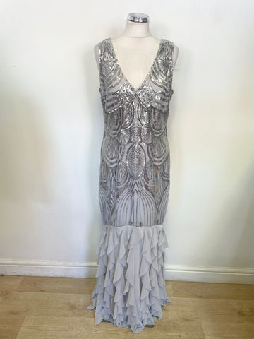 LIPSY VIP GREY & SILVER SEQUINNED TIERED SKIRT LONG EVENING/PROM DRESS SIZE 16